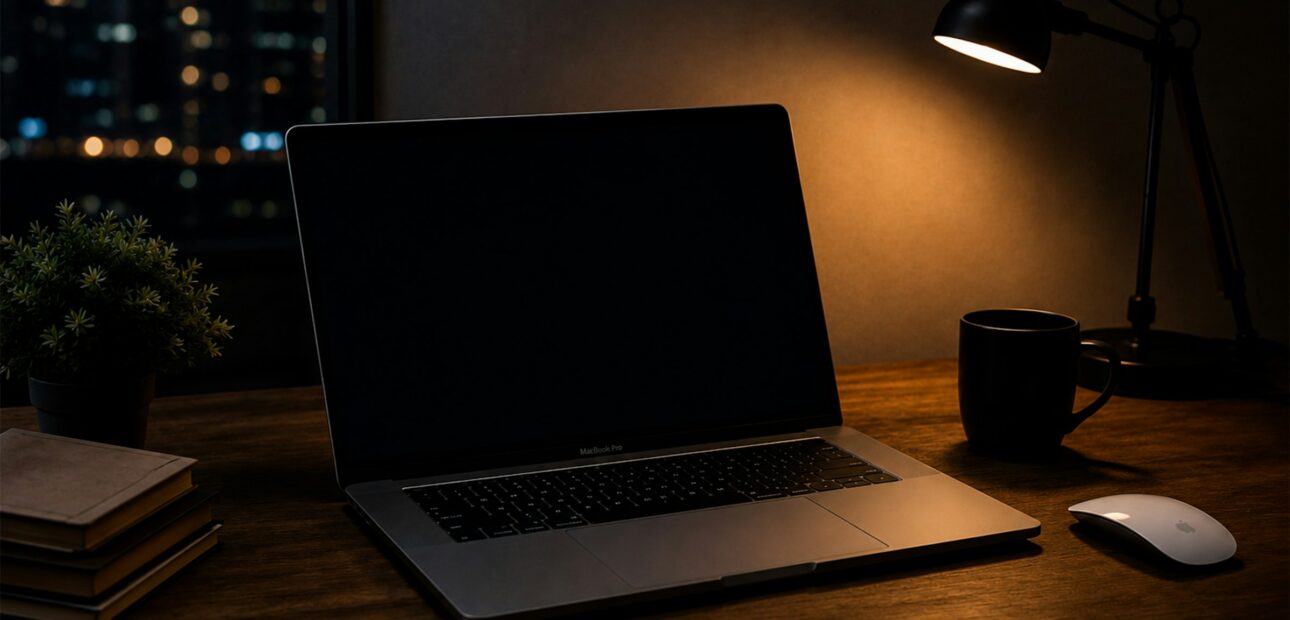 Dark desk workspace at night with laptop, desk lamp and city lights — SEO and Google Ads consulting